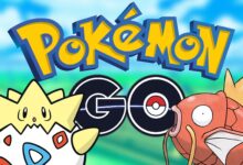 Togeti And Magikarp Looking Concerned In Front Of Pokemon Go Logo 2X1 Composite